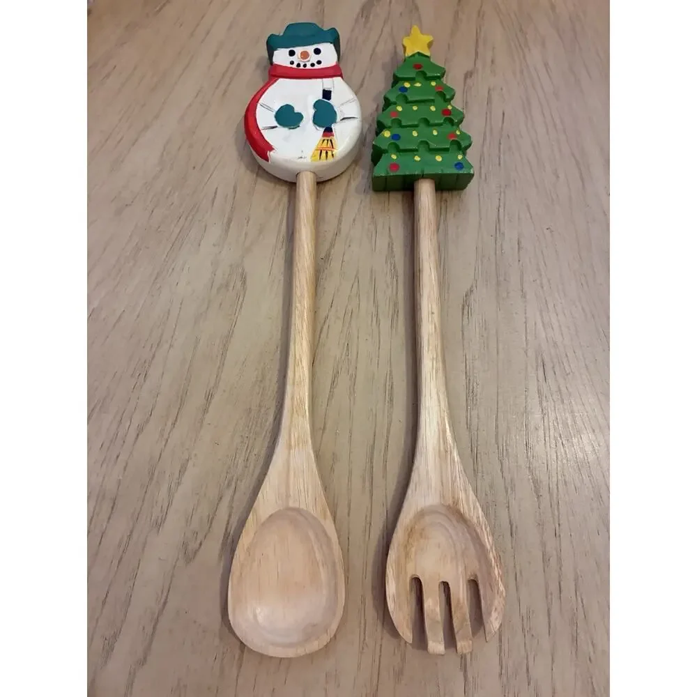 Christmas Serving Spoon Fork Hand Painted Wood Snowman Tree Salad Pasta Holiday